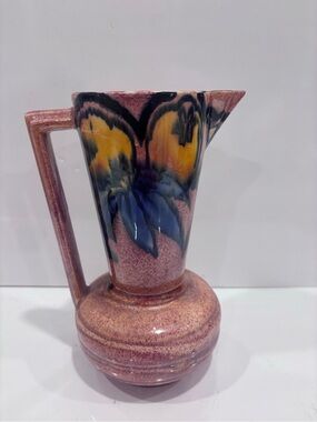 Vintage hand painted pottery pitcher/ewer  floral design 9”